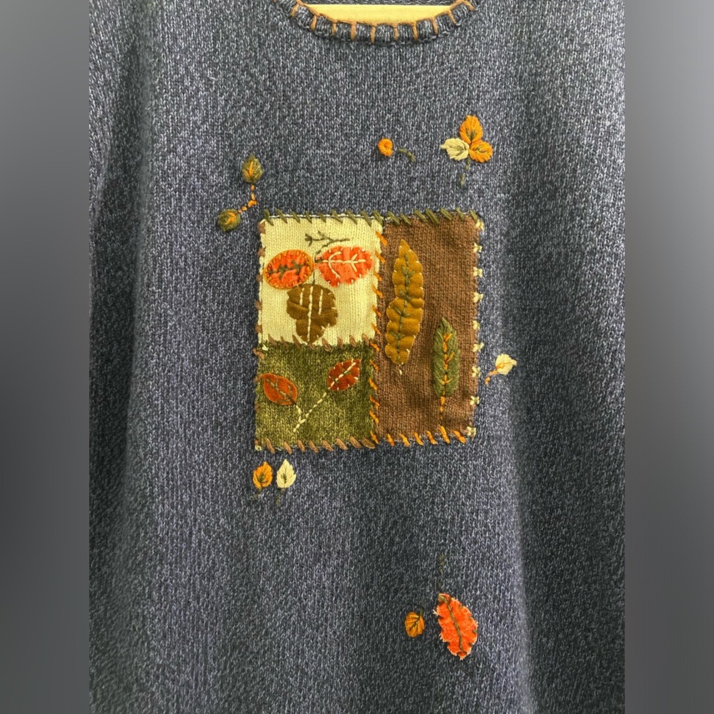 Erica II & Co Vintage 90s Autumn Fall Leaves Knit Sweater Raime Cotton Navy 2X - Picture 2 of 8